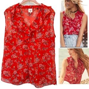 CAbi Crush Red Floral Ruffle Collar Sheer Chiffon Blouse Women's Medium